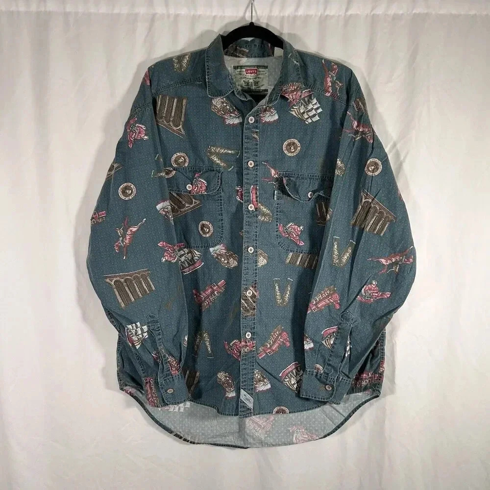 Levis Western Shirt Men's Large Button Up Long Sleeve Green Graphic Print Cotton